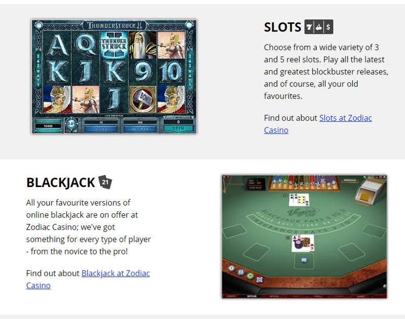 Large range of games at Zodiac Casino