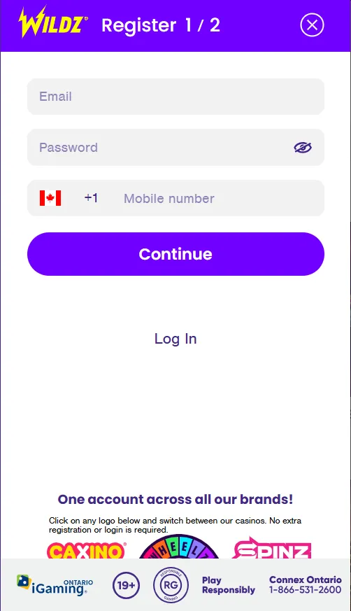 Wildz Casino registration form