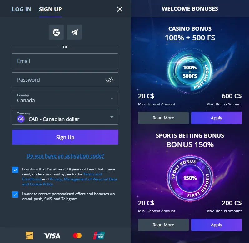 Jet Casino sign up form