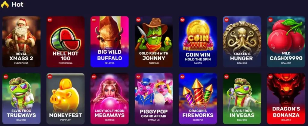 Screenshot des Spielesortiments mit Slot-Maschinen im Playfina Casino