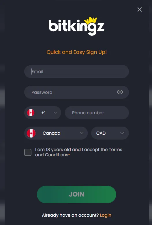 BitKingz Casino sign up form