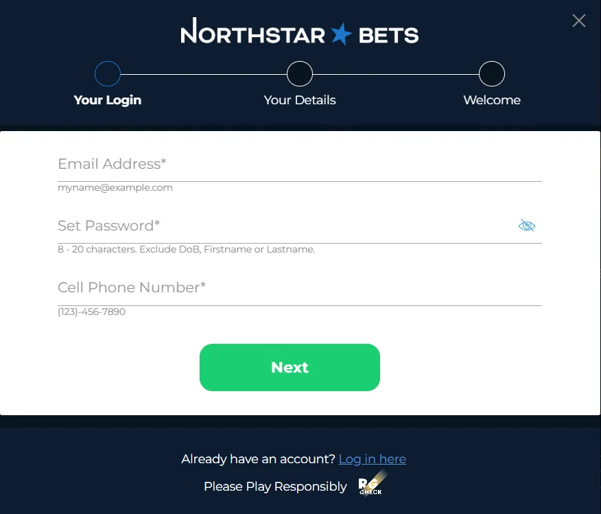NorthStar Bets sign up form