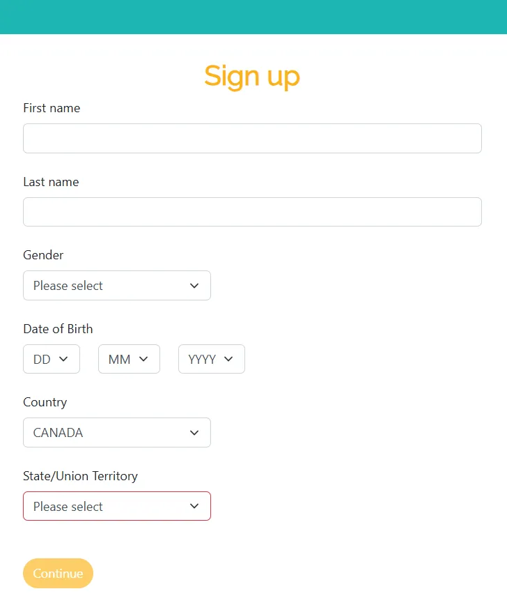 Playzee Casino sign up form