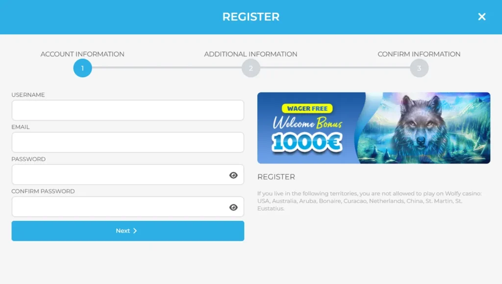 Wolfy Casino sign up form