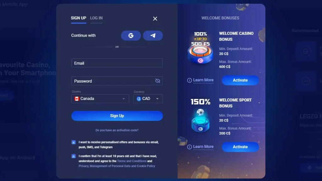 Legzo Casino login.