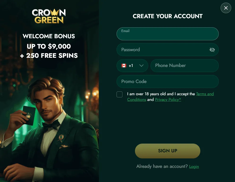 CrownGreen Casino sign up form