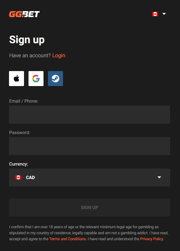 GGbet Casino sign up form