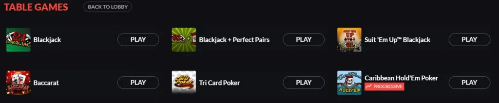 Extreme Casino table games.