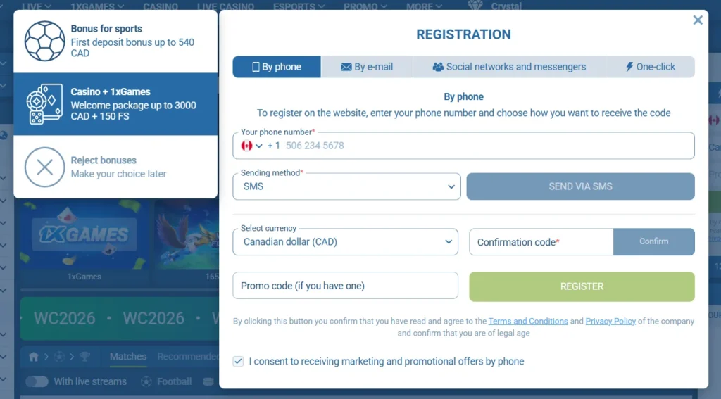 1xBet casino sign up form