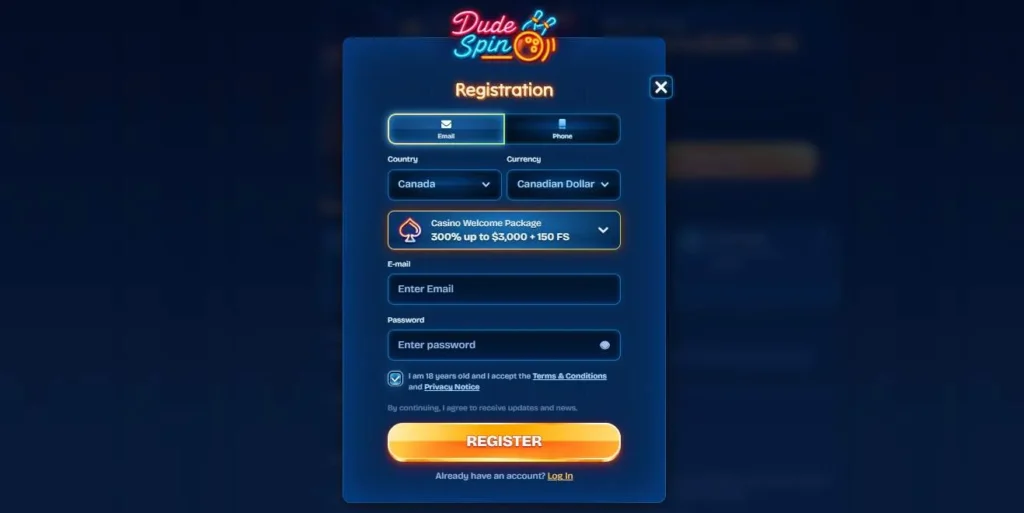 DudeSpin Casino login.