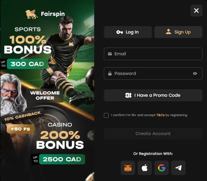 Fairspin Casino sign up form