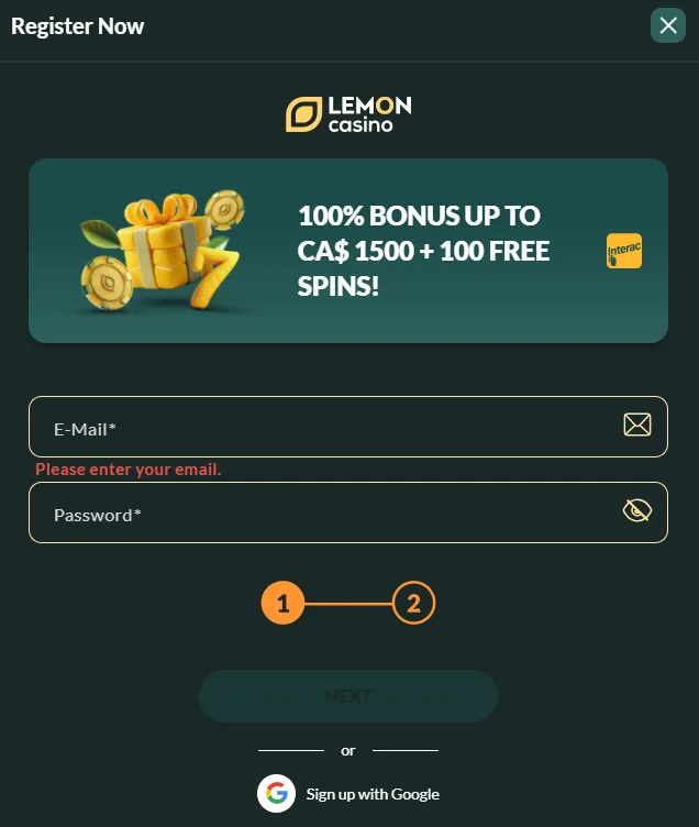Lemon Casino sign up form