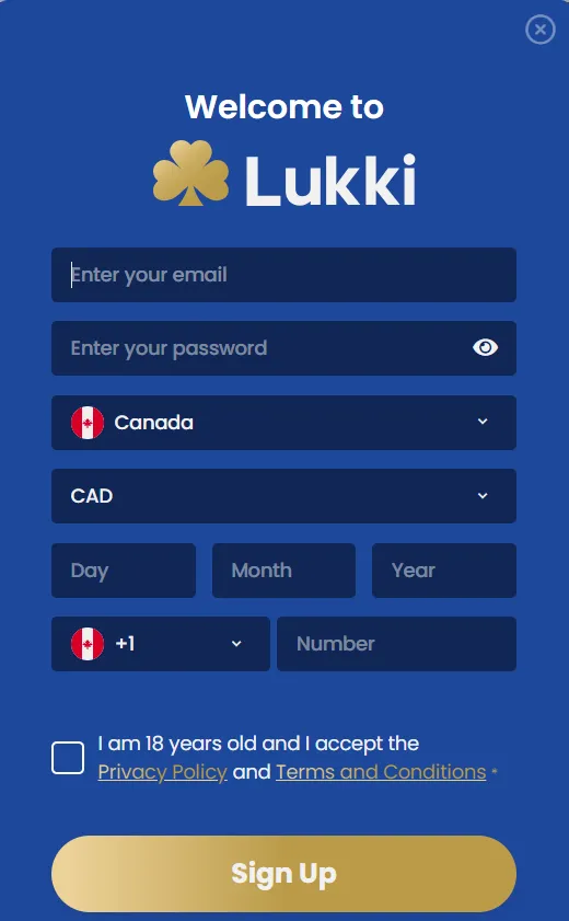 Lukki Casino Registration window