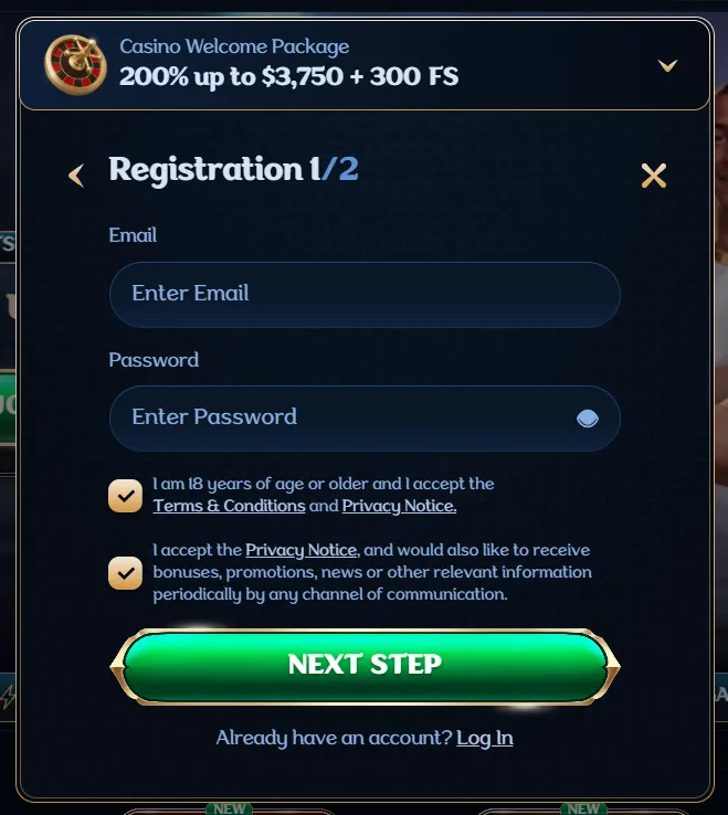 Millioner Casino sign up form