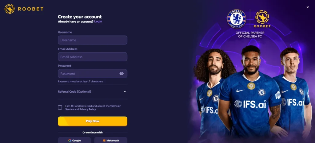 Roobet Casino sign up form