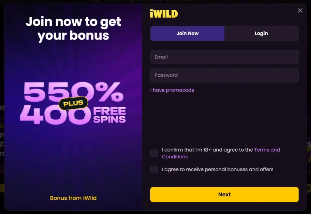 iWIld Casino sign up form