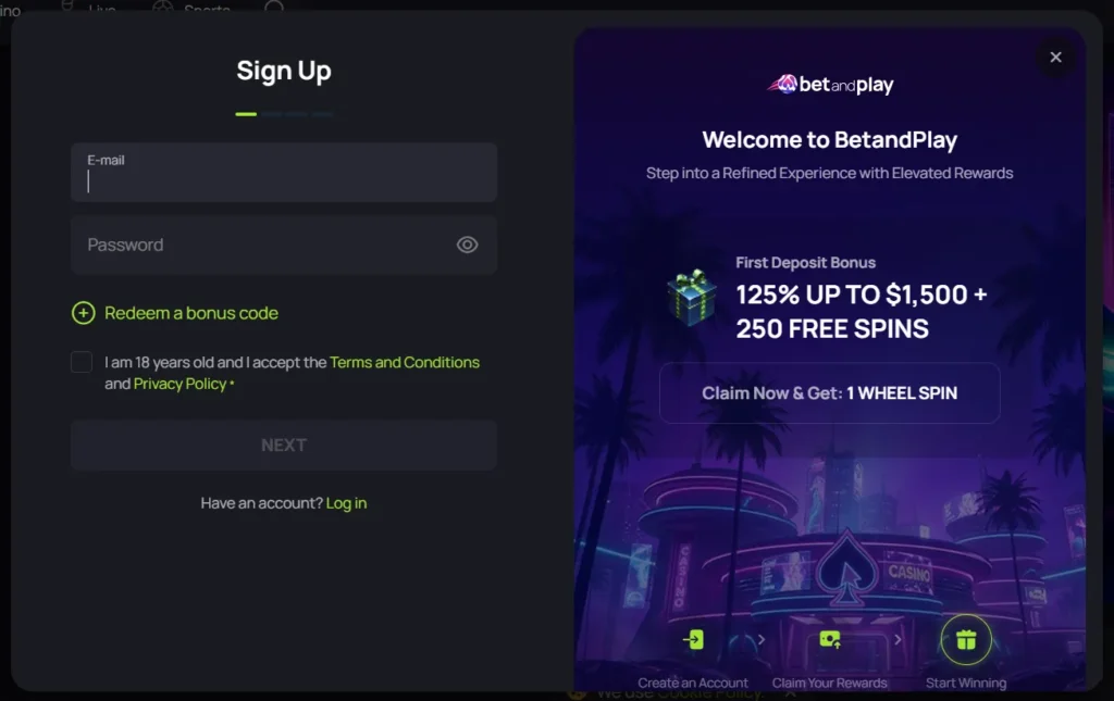 BetandPlay Casino sign up form