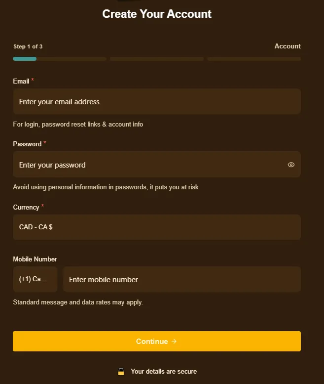 Grizzly's Quest Casino sign up form