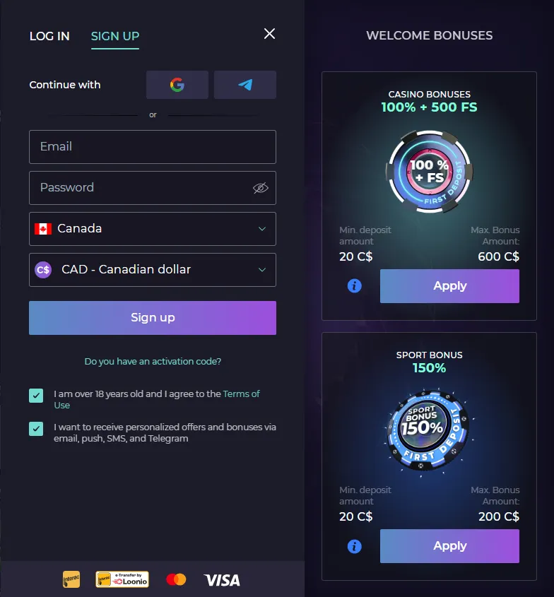 Izzi casino sign up form