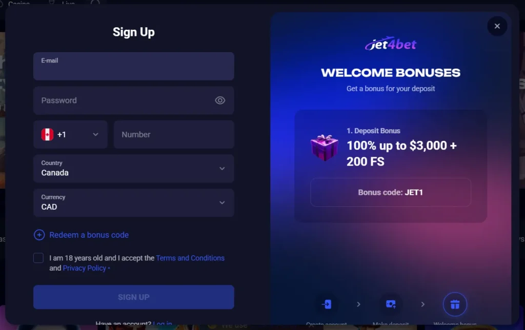 Jet4Bet Casino sign up form