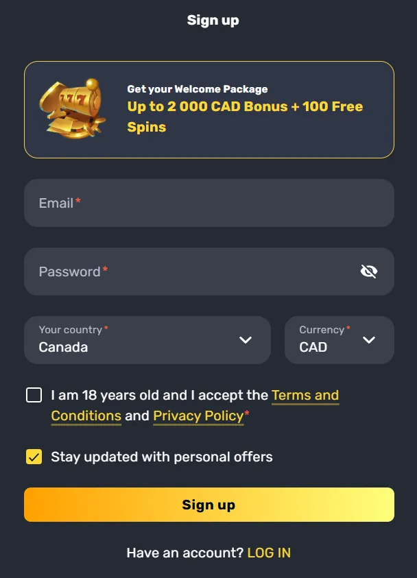 RocketPlay Casino sign up form