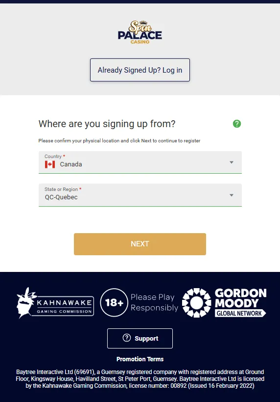 Spin Palace Casino sign up form